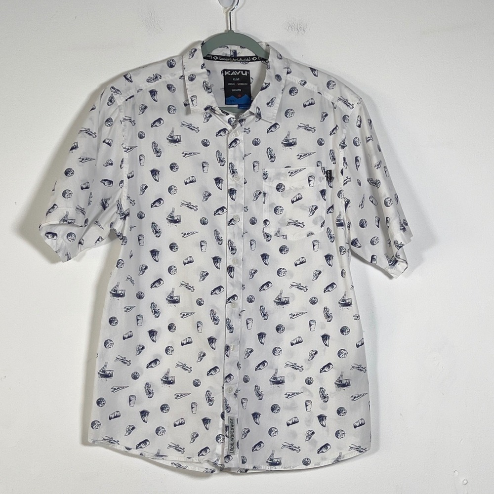 Kavu Klear Mens Sz Large White Navy Blue Novelty Print Cotton Short Sleeve Shirt